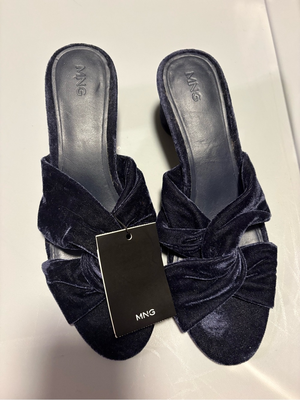 NWT Mango Navy Velvet Knot Slide Sandals